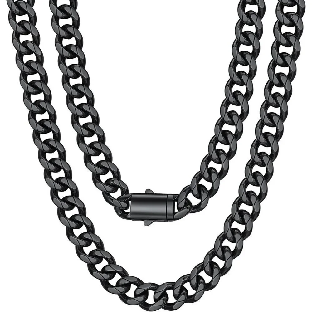 Men's 12MM Width-Black Stainless Steel Miami Cuban Curb Link Chain Necklace